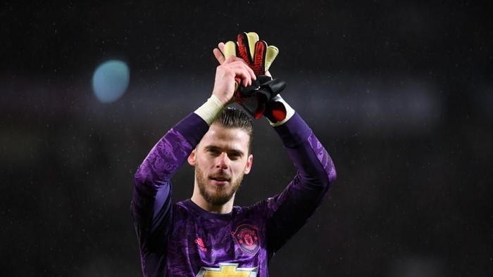 MANCHESTER, ENGLAND - MARCH 08: David De Gea of Manchester United celebrates after the Premier League match between Manchester United and Manchester City at Old Trafford on March 08, 2020 in Manchester, United Kingdom. (Photo by Laurence Griffiths/Getty Images)