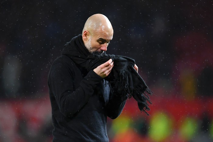 MANCHESTER, ENGLAND - MARCH 08: Pep Guardiola, Manager of Manchester City reacts after the Premier League match between Manchester United and Manchester City at Old Trafford on March 08, 2020 in Manchester, United Kingdom. (Photo by Laurence Griffiths/Getty Images)