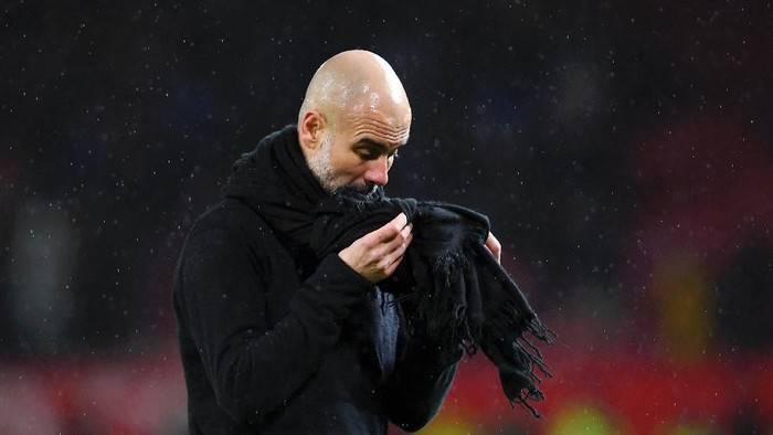 MANCHESTER, ENGLAND - MARCH 08: Pep Guardiola, Manager of Manchester City reacts after the Premier League match between Manchester United and Manchester City at Old Trafford on March 08, 2020 in Manchester, United Kingdom. (Photo by Laurence Griffiths/Getty Images)