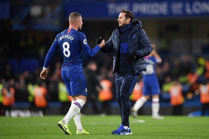 LONDON, ENGLAND - JANUARY 11: Frank Lampard, Manager of Chelsea embraces Ross Barkley of Chelsea after their sides victory in the Premier League match between Chelsea FC and Burnley FC at Stamford Bridge on January 11, 2020 in London, United Kingdom. (Photo by Mike Hewitt/Getty Images)
