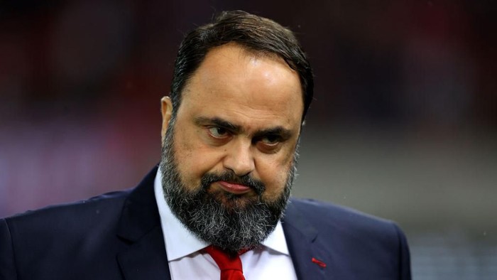 PIRAEUS, GREECE - FEBRUARY 20:  Evangelos Marinakis, Olympiacos and Nottingham Forest owner looks on prior to the UEFA Europa League round of 32 first leg match between Olympiacos FC and Arsenal FC at Karaiskakis Stadium on February 20, 2020 in Piraeus, Greece. (Photo by Richard Heathcote/Getty Images)