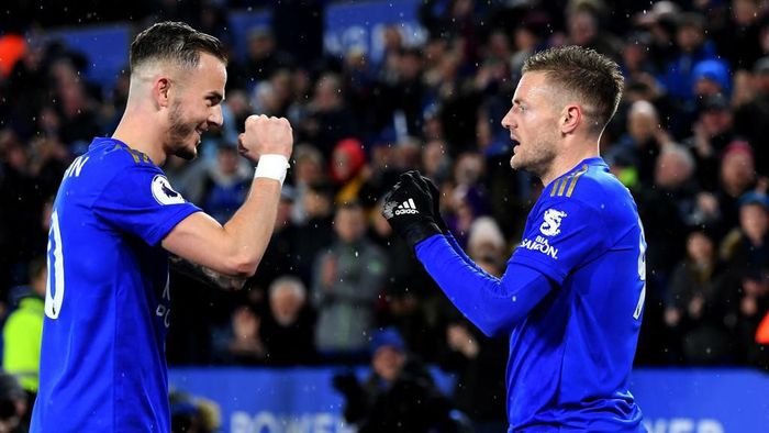 Leicester City LEICESTER, ENGLAND - MARCH 09: Jamie Vardy (R) of Leicester City celebrates scoring his teams third goal of the game and his second with James Maddison during the Premier League match between Leicester City and Aston Villa at The King Power Stadium on March 09, 2020 in Leicester, United Kingdom. (Photo by Michael Regan/Getty Images)