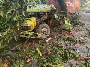 Truk Kontainer Tabrak Pohon di Belakang Kantor Wali Kota Cilegon