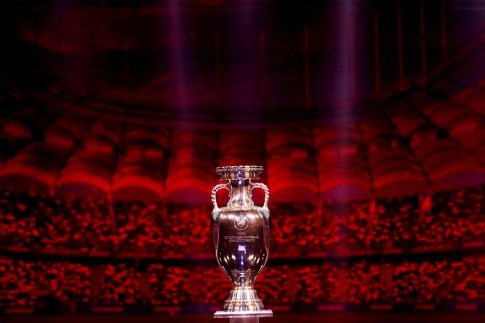 BUCHAREST, ROMANIA - NOVEMBER 30: The Henri Delaunay Trophy is seen on stage after the UEFA Euro 2020 Final Draw Ceremony at the Romexpo on November 30, 2019 in Bucharest, Romania. (Photo by Dean Mouhtaropoulos/Getty Images)