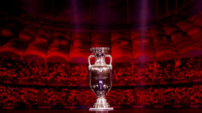 BUCHAREST, ROMANIA - NOVEMBER 30: The Henri Delaunay Trophy is seen on stage after the UEFA Euro 2020 Final Draw Ceremony at the Romexpo on November 30, 2019 in Bucharest, Romania. (Photo by Dean Mouhtaropoulos/Getty Images)