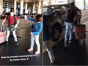 Ibu Semprot Anaknya Pakai Disinfektan saat Menyambutnya Pulang di Bandara