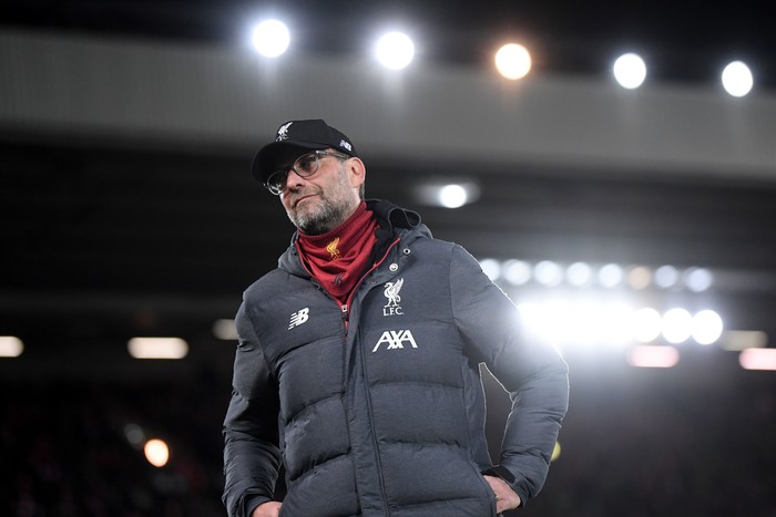 LIVERPOOL, ENGLAND - MARCH 11: Jurgen Klopp, Manager of Liverpool looks on prior to the UEFA Champions League round of 16 second leg match between Liverpool FC and Atletico Madrid at Anfield on March 11, 2020 in Liverpool, United Kingdom.  (Photo by Laurence Griffiths/Getty Images)