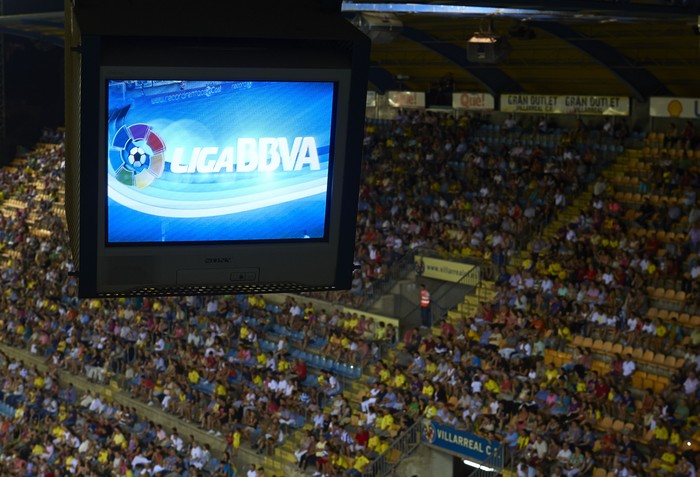 VILLARREAL, SPAIN - AUGUST 24:  Logo of the Liga BBVA is pictured on the monitors in the press room during the La Liga match between Villarreal CF and Real Valladolid CF at El Madrigal Stadium on August 24, 2013 in Villarreal, Spain.  (Photo by Manuel Queimadelos Alonso/Getty Images)