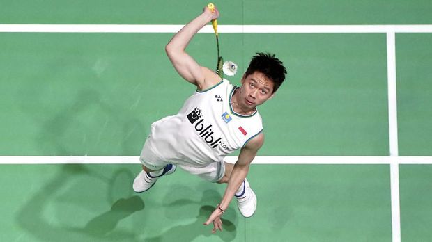 Indonesia's Kevin Sanjaya Sukamuljo in action in the men's doubles match during the All England Open Badminton Championships at Arena Birmingham, England, Friday March 13, 2020. (Morgan Harlow/PA via AP)