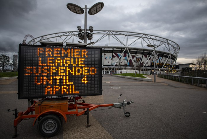 LONDON, ENGLAND - MARCH 14: A General view of the London Stadium, home of West Ham United as all Premier League matches are postponed until at least April 4th due to the Coronavirus Covid-19 pandemic on March 14, 2020 in London, England.  It has been announced that all football league matches, including the Premier League and Women’s Super League, have been postponed until at least April 4 in response to the threat of coronavirus. This follows UEFAs decision to suspend fixtures in the Champions League and the Europa League, as many top flight players enter self-isolation.  (Photo by Justin Setterfield/Getty Images)
