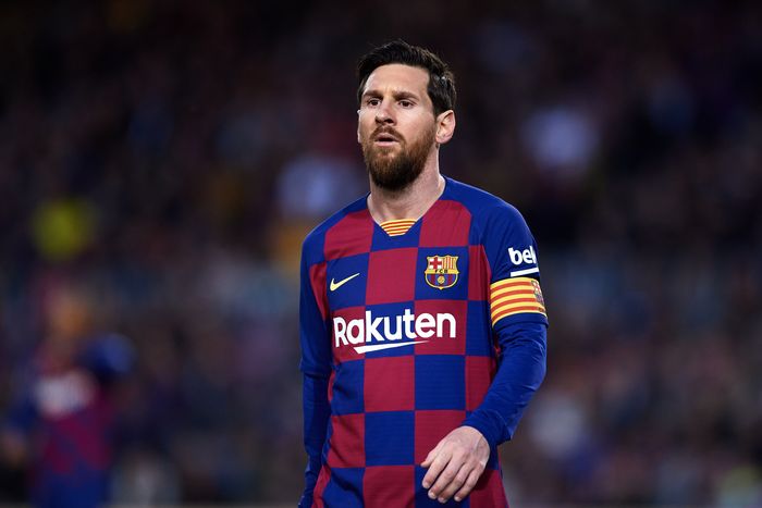 Lionel Messi BARCELONA, SPAIN - MARCH 07: Lionel Messi of FC Barcelona looks on during the Liga match between FC Barcelona and Real Sociedad at Camp Nou on March 07, 2020 in Barcelona, Spain. (Photo by Alex Caparros/Getty Images)