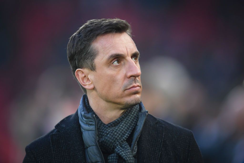 LIVERPOOL, ENGLAND - JANUARY 19: Sky Sports pundit Gary Neville looks on during the Premier League match between Liverpool FC and Manchester United at Anfield on January 19, 2020 in Liverpool, United Kingdom. (Photo by Michael Regan/Getty Images)