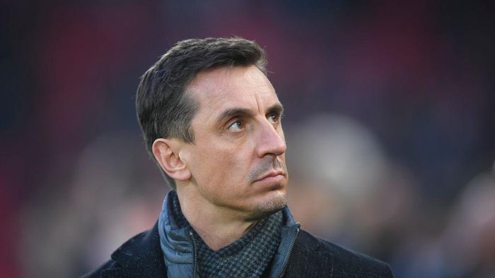 LIVERPOOL, ENGLAND - JANUARY 19: Sky Sports pundit Gary Neville looks on during the Premier League match between Liverpool FC and Manchester United at Anfield on January 19, 2020 in Liverpool, United Kingdom. (Photo by Michael Regan/Getty Images)