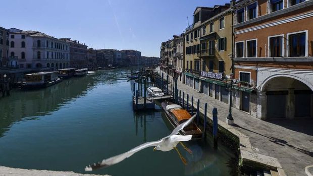 A seagull takes off from the Rialto Bridge over the Grand Canal in Venice on March 18, 2020, during the country's lockdown within the new coronavirus crisis. (Photo by ANDREA PATTARO / AFP)