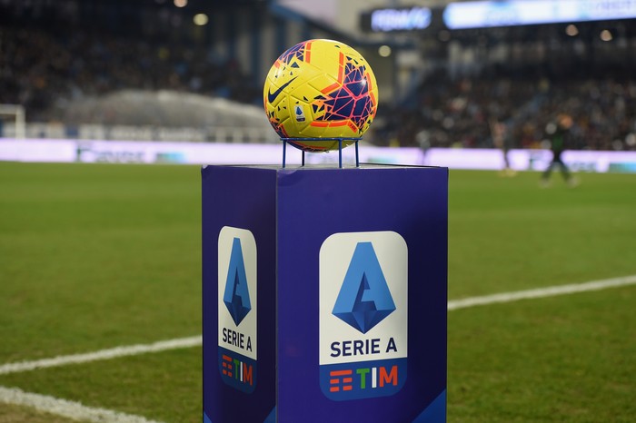 FERRARA, ITALY - FEBRUARY 22:  A official ball of serie A is displayed during the Serie A match between SPAL and  Juventus at Stadio Paolo Mazza on February 22, 2020 in Ferrara, Italy.  (Photo by Pier Marco Tacca/Getty Images)