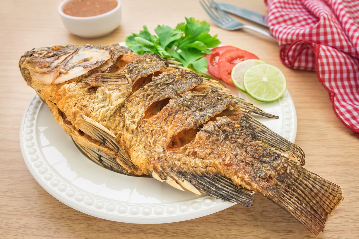 Fried fish on white plate and dip sauce