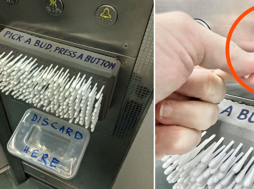Cegah Corona, Relawan Sediakan Cotton Bud di Lift untuk Tekan Tombol Cegah Corona, Relawan Sediakan Cotton Bud di Lift untuk Tekan Tombol