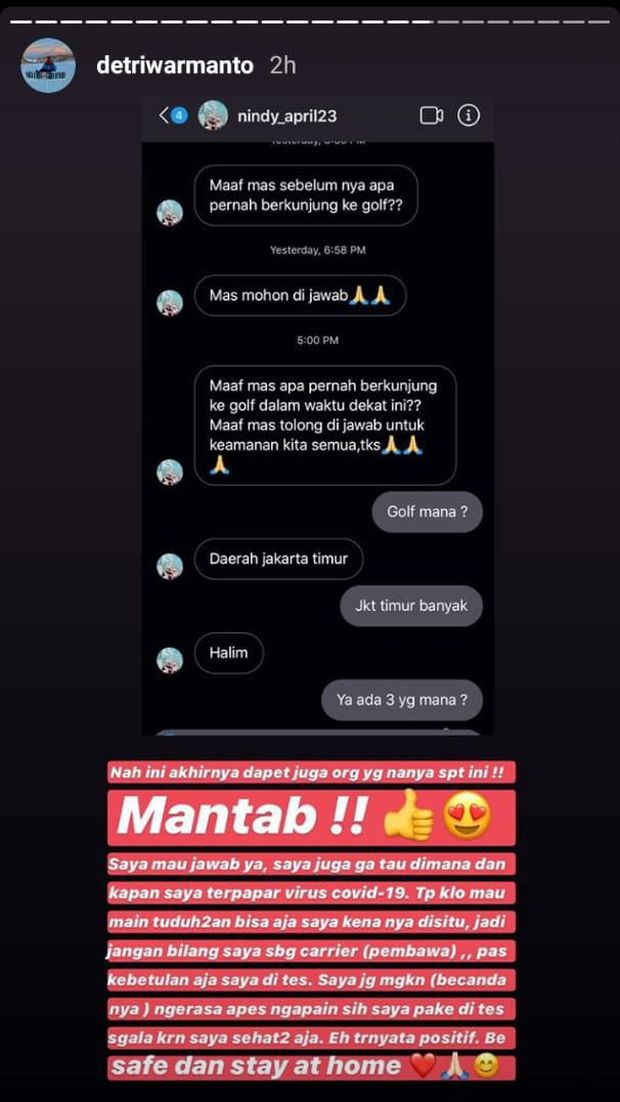 Positif Corona, Detri Warmanto Dicecar Netizen soal Lokasi Terinfeksi