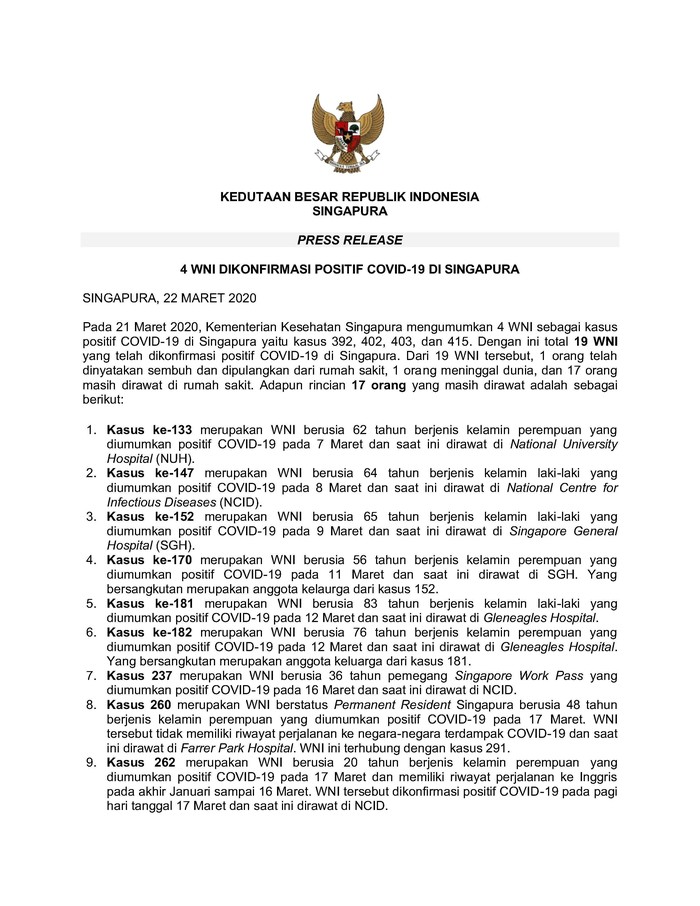 Press release KBRI Singapura soal 4 WNI Positif Corona