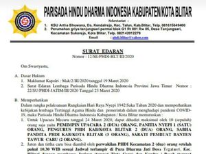 Tangkal Corona, PHDI Blitar Tiadakan Sembahyang Bersama Peringati Nyepi