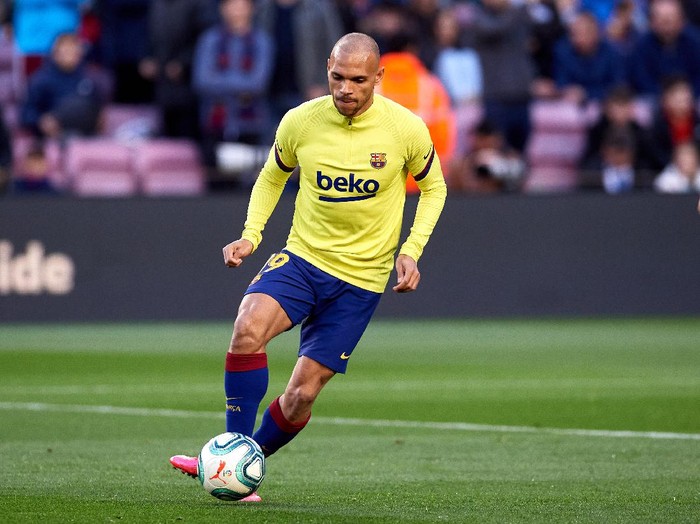 BARCELONA, SPAIN - MARCH 07: Martin Braithwaite of FC Barcelona warms up prior to the Liga match between FC Barcelona and Real Sociedad at Camp Nou on March 07, 2020 in Barcelona, Spain. (Photo by Alex Caparros/Getty Images)