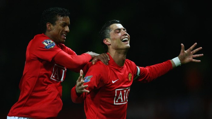 MANCHESTER, UNITED KINGDOM - MARCH 19:  Cristiano Ronaldo of Manchester United  celebrates with Luis Nani (L) as he scores their second goal during the Barclays Premier League match between Manchester United and Bolton Wanderers at Old Trafford on March 19, 2008 in Manchester, England.  (Photo by Alex Livesey/Getty Images)