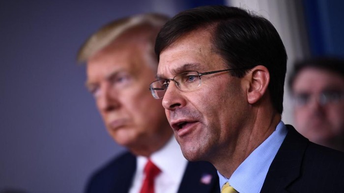 (FILES) In this file photo US Defense Secretary Mark Esper speaks during the daily briefing on the novel coronavirus, COVID-19, at the White House on March 18, 2020, in Washington, DC. - US Defense Secretary Mark Esper confirmed March 23, 2020 that the military had rescued an American victim of violent crime in Honduras. President Donald Trump said cryptically Sunday that the US military had secured the release of the woman, but gave no details.We were able to get a young woman released from a certain area who was being horribly accosted, horribly treated, Trump said. (Photo by Brendan Smialowski / AFP)