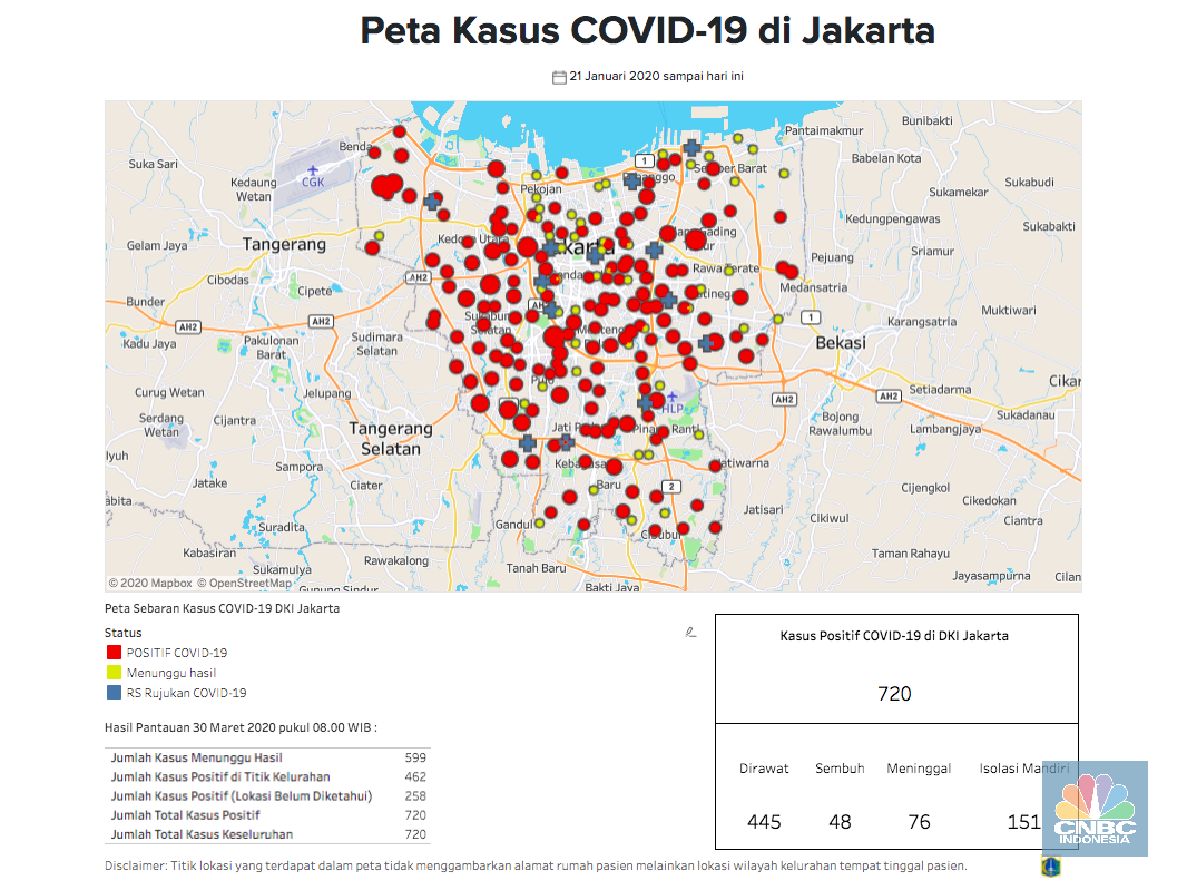 Peta Corona Jakarta 30 Maret: 720 Positif, 76 Meninggal