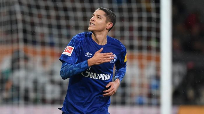 Amine Harit Schalkes French midfielder Amine Harit reacts after scoring during the German first division Bundesliga football match between FC Augsburg and FC Schalke 04 on November 3, 2019 in Augsburg, southern Germany. (Photo by Christof STACHE / AFP) / DFL REGULATIONS PROHIBIT ANY USE OF PHOTOGRAPHS AS IMAGE SEQUENCES AND/OR QUASI-VIDEO