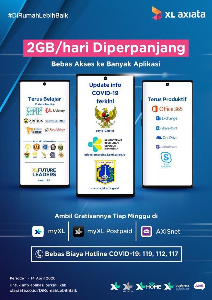 XL Axiata menambah dan memperpanjang masa gratis layanan penunjang belajar dan kerja dari rumah di tengah merebaknya virus corona di Indonesia.