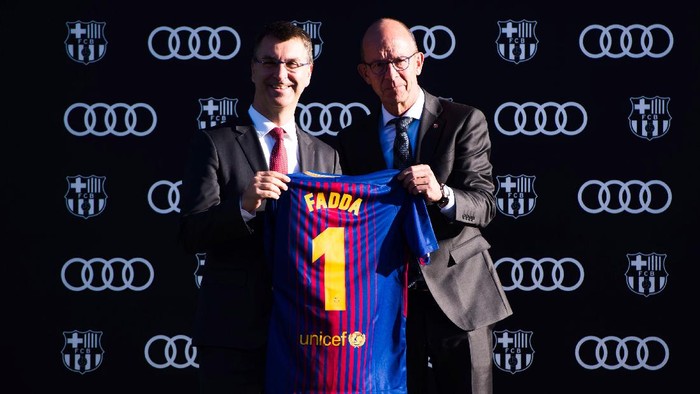 MONTMELO, SPAIN - NOVEMBER 30:  Director Guillermo Fadda of Audi Spain and Vice president Jordi Cardoner of FC Barcelona pose for a photograph during the Audi Car handover to the players of FC Barcelona on November 30, 2017 at Circuit de Barcelona-Catalunya in Montmelo, near Barcelona, Spain.  (Photo by Alex Caparros/Getty Images For AUDI)
