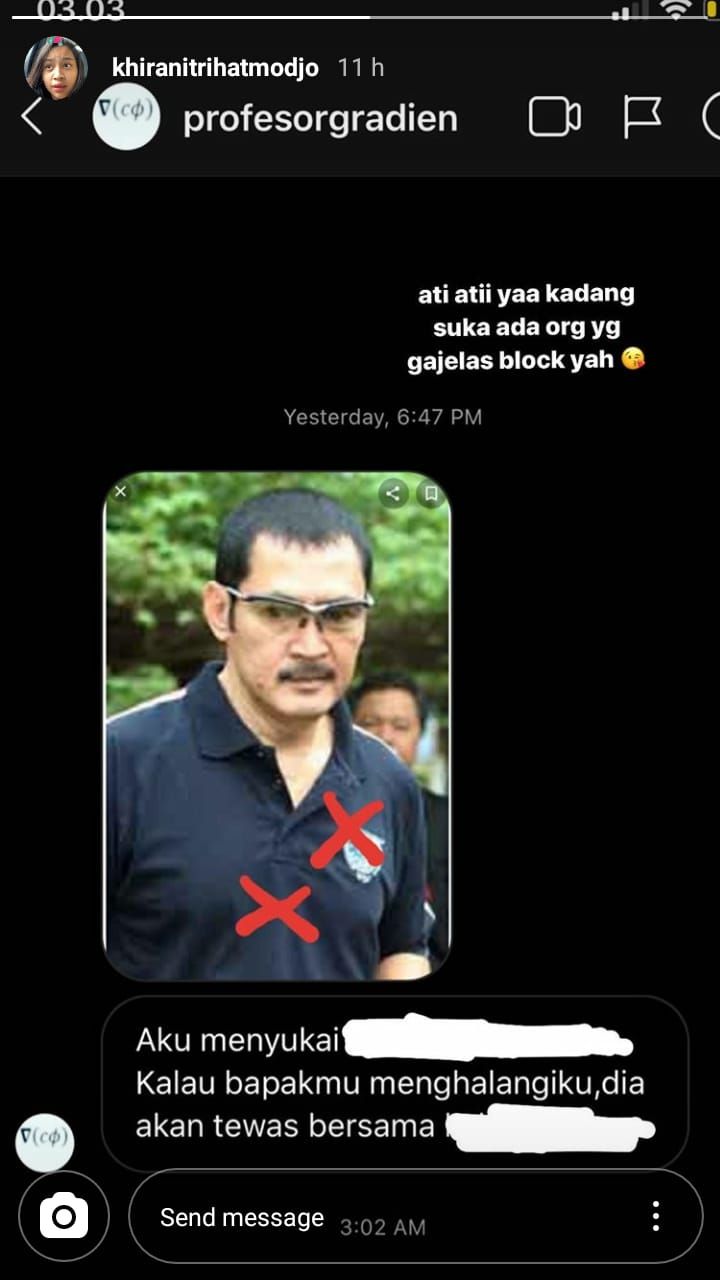 Ancaman terhadap pembunuhan Bambang Trihatmojo lewat anaknya. 