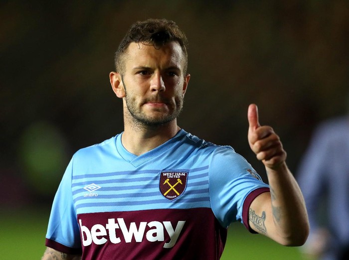 NEWPORT, WALES - AUGUST 27: Jack Wilshere of West Ham United acknowledges the fans after the Carabao Cup Second Round match between Newport County and West Ham United at Rodney Parade on August 27, 2019 in Newport, Wales. (Photo by Catherine Ivill/Getty Images)