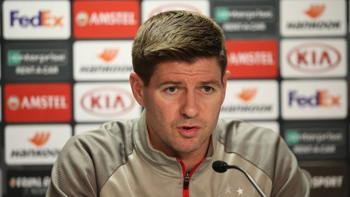 GLASGOW, SCOTLAND - MARCH 11: Rangers Manager Steven Gerrard is seen during a press conference ahead of the Europa League Round of Sixteen match against Bayer Leverkusen at Ibrox Stadium on March 11, 2020 in Glasgow, Scotland. (Photo by Ian MacNicol/Getty Images)