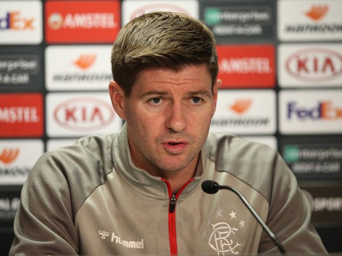 GLASGOW, SCOTLAND - MARCH 11: Rangers Manager Steven Gerrard is seen during a press conference ahead of the Europa League Round of Sixteen match against Bayer Leverkusen at Ibrox Stadium on March 11, 2020 in Glasgow, Scotland. (Photo by Ian MacNicol/Getty Images)