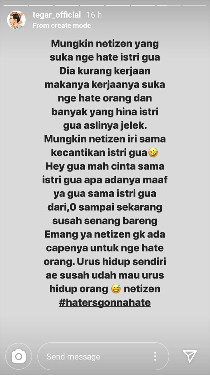 Unggahan Tegar soal hinaan netizen kepada istrinya. 