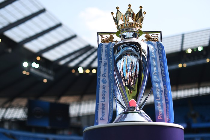 MANCHESTER, ENGLAND - MAY 06:  The Premier League Trophy on display prior to the Premier League match between Manchester City and Huddersfield Town at Etihad Stadium on May 6, 2018 in Manchester, England.  (Photo by Michael Regan/Getty Images)