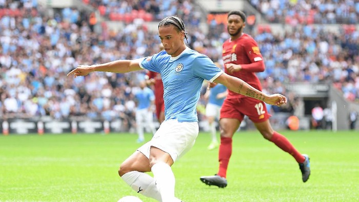 LONDON, ENGLAND - AUGUST 04: Leroy Sane of Manchester City shoots during the FA Community Shield match between Liverpool and Manchester City at Wembley Stadium on August 04, 2019 in London, England. (Photo by Michael Regan/Getty Images)