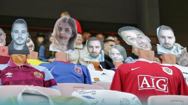 In this photo taken on Wednesday, April 8, 2020, mannequins in soccer uniforms with the faces of