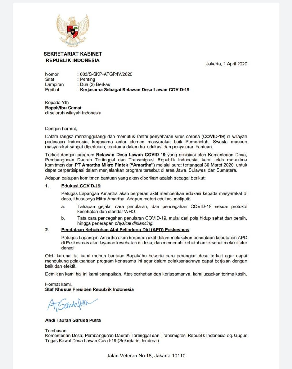 Surat Staf khusus Presiden Joko Widodo (Jokowi), Andi Taufan Garuda Putra