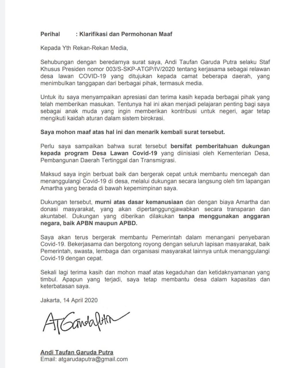Surat Staf khusus Presiden Joko Widodo (Jokowi), Andi Taufan Garuda Putra