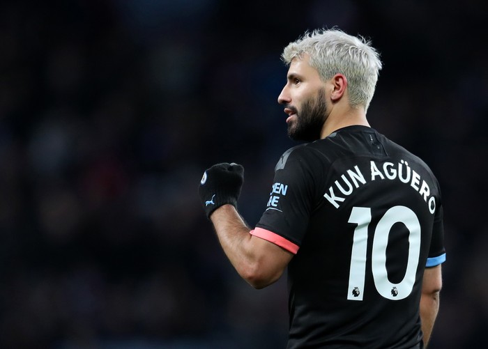 BIRMINGHAM, ENGLAND - JANUARY 12: Sergio Aguero of Manchester CIty celebrates scoring his hat-trick and his sides sixth goal during the Premier League match between Aston Villa and Manchester City at Villa Park on January 12, 2020 in Birmingham, United Kingdom. (Photo by Catherine Ivill/Getty Images)