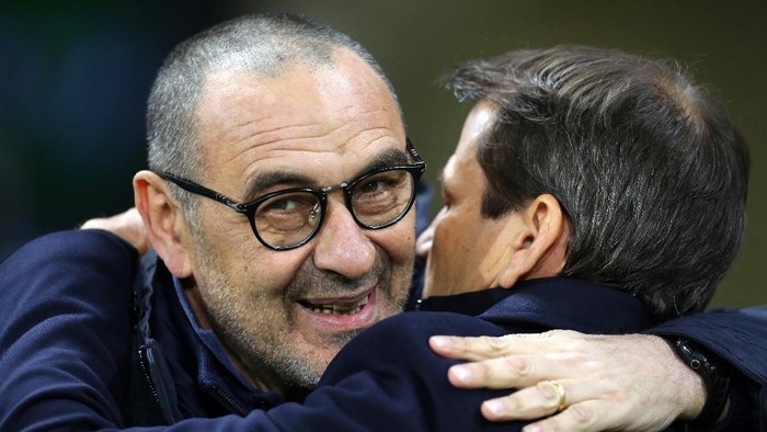 LYON, FRANCE - FEBRUARY 26: Juventus head coach Maurizio Sarri during the UEFA Champions League round of 16 first leg match between Olympique Lyon and Juventus at Parc Olympique on February 26, 2020 in Lyon, France. (Photo by Catherine Ivill/Getty Images)
