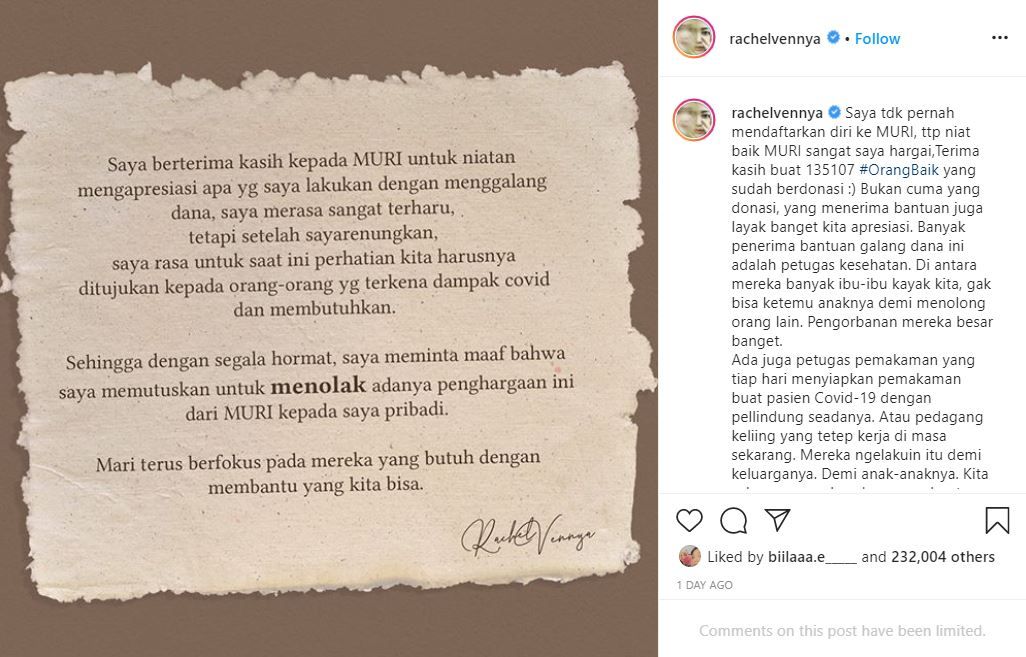 Rachel Vennya Galang Dana Rp9 M & Tolak Penghargaan MURI, Alasannya Mulia
