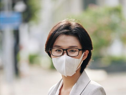 Medical mask and Glasses fogging. Avoid face touching, Coronavirus prevention, Protection.