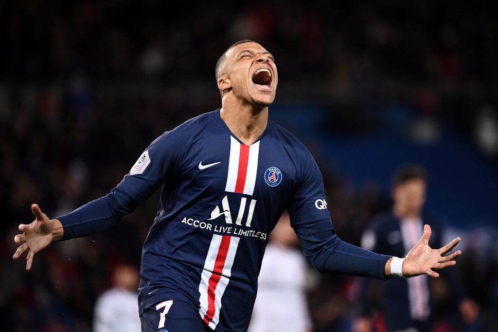 Paris Saint-Germain's French forward Kylian Kylian Mbappe after scoring a goal during the French L1 football match between Paris Saint-Germain (PSG) and Dijon, on February 29, 2020 at the Parc des Princes stadium in Paris. (Photo by FRANCK FIFE / AFP)