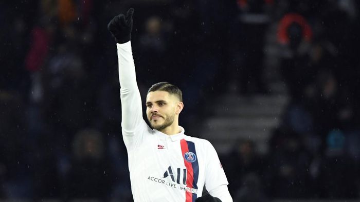 Icardi Paris Saint-Germains Argentine forward Mauro Icardi celebrates scoring his teams first goal during the UEFA Champions League Group A football match between Paris Saint-Germain (PSG) and Galatasaray at the Parc des Princes stadium in Paris on December 11, 2019. (Photo by Bertrand GUAY / AFP)