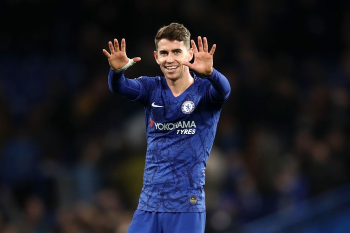 LONDON, ENGLAND - JANUARY 11: Jorginho of Chelsea acknowledges the fans after his sides victory in the Premier League match between Chelsea FC and Burnley FC at Stamford Bridge on January 11, 2020 in London, United Kingdom. (Photo by Bryn Lennon/Getty Images )