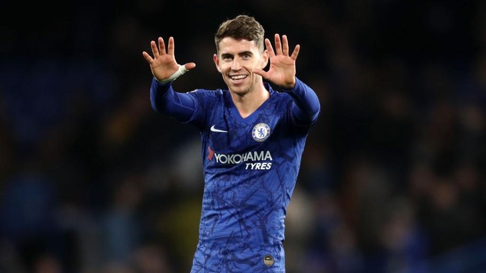 LONDON, ENGLAND - JANUARY 11: Jorginho of Chelsea acknowledges the fans after his sides victory in the Premier League match between Chelsea FC and Burnley FC at Stamford Bridge on January 11, 2020 in London, United Kingdom. (Photo by Bryn Lennon/Getty Images )