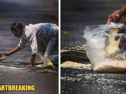 Miris! Tak Punya Uang, Pria Ini Pungut Beras di Jalanan